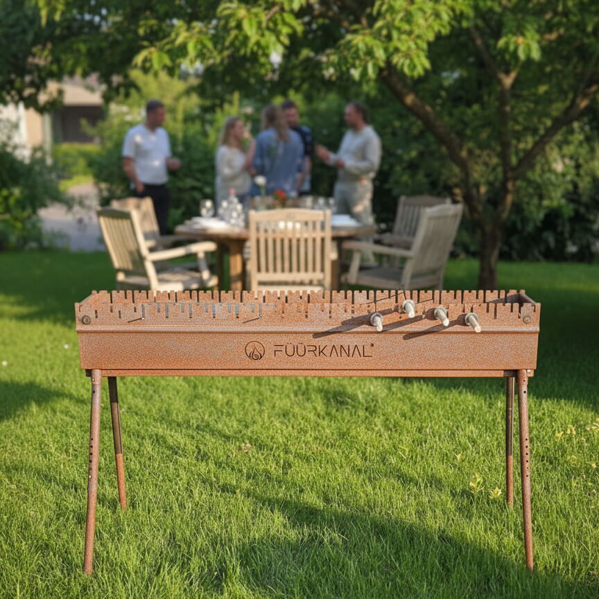 Füürkanal – Der Spiessligrill steht im Garten, im Hintergrund steht ein gedeckter Tisch mit 5 Menschen, welche sich unterhalten